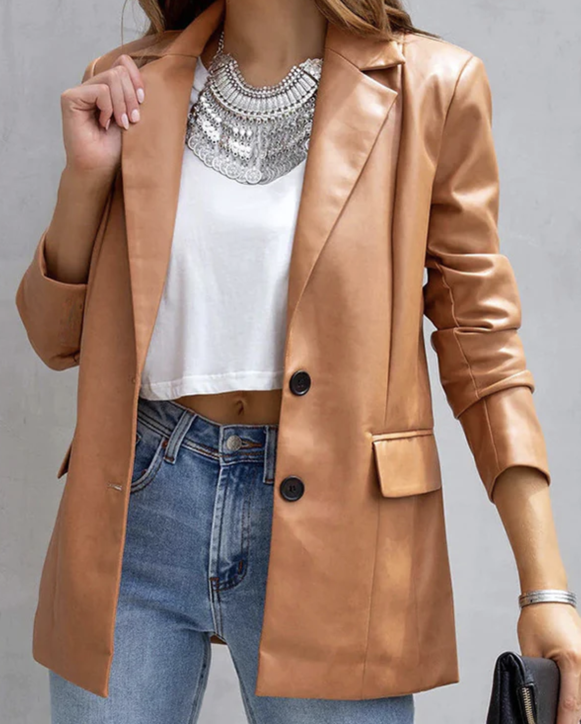 Long Sleeve Button Pu Cardigan Jacket Solid Color Pocket Casual Leather Small Blazer Women's Clothes