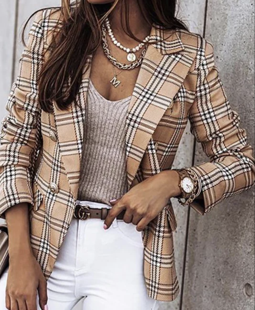 Women's Plaid Cotton And Linen Double Breasted Blazer