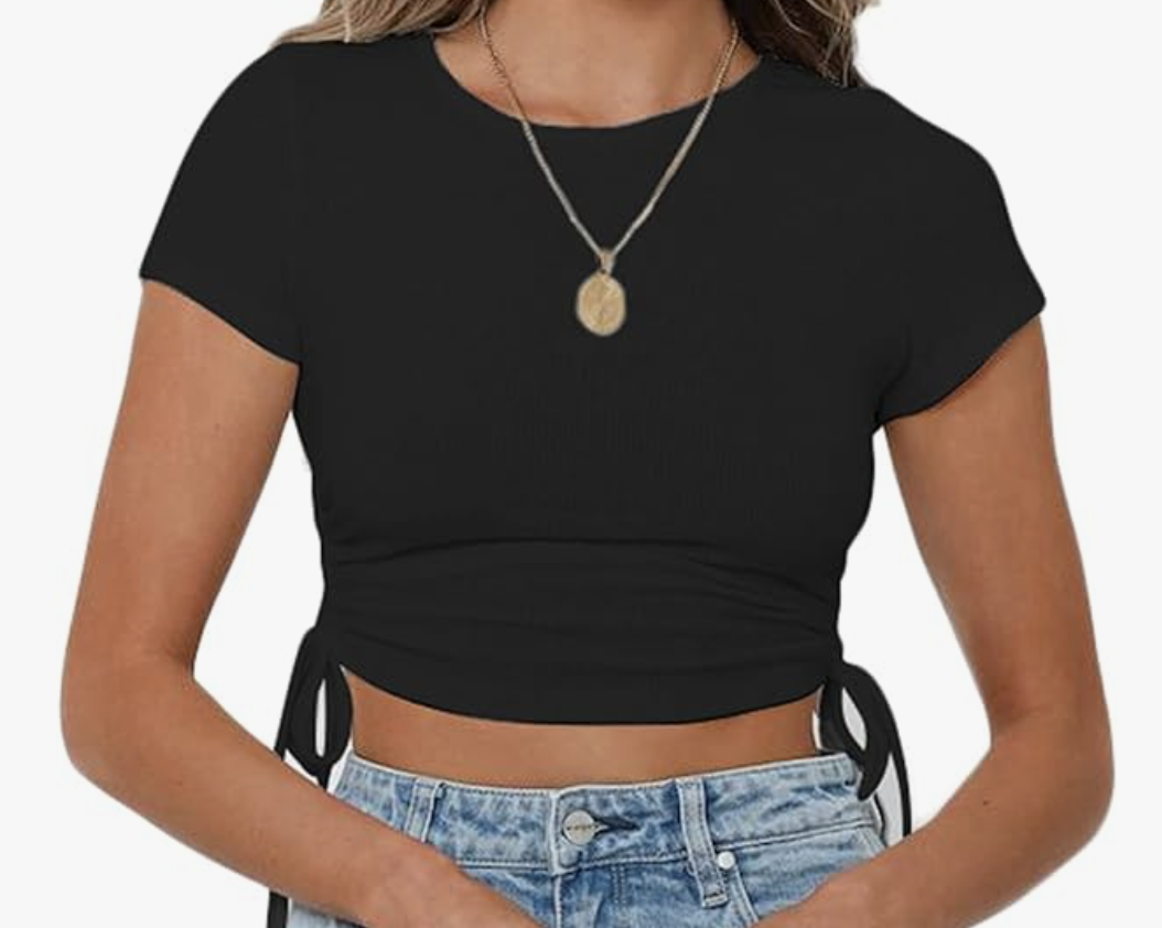 Fashion sexy pit strip navel short drawstring tie round neck short-sleeved T-shirt