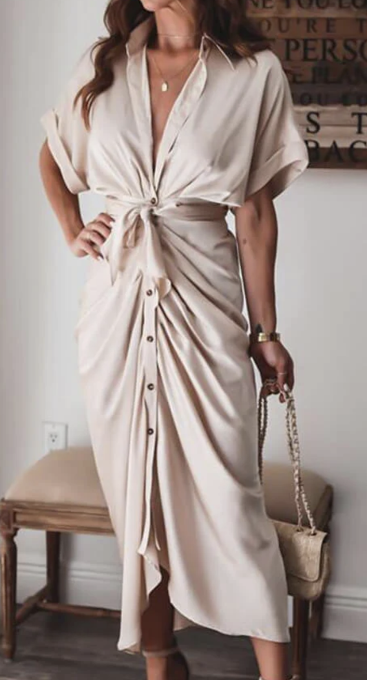 Women's Solid color pleated short sleeve shirt dress