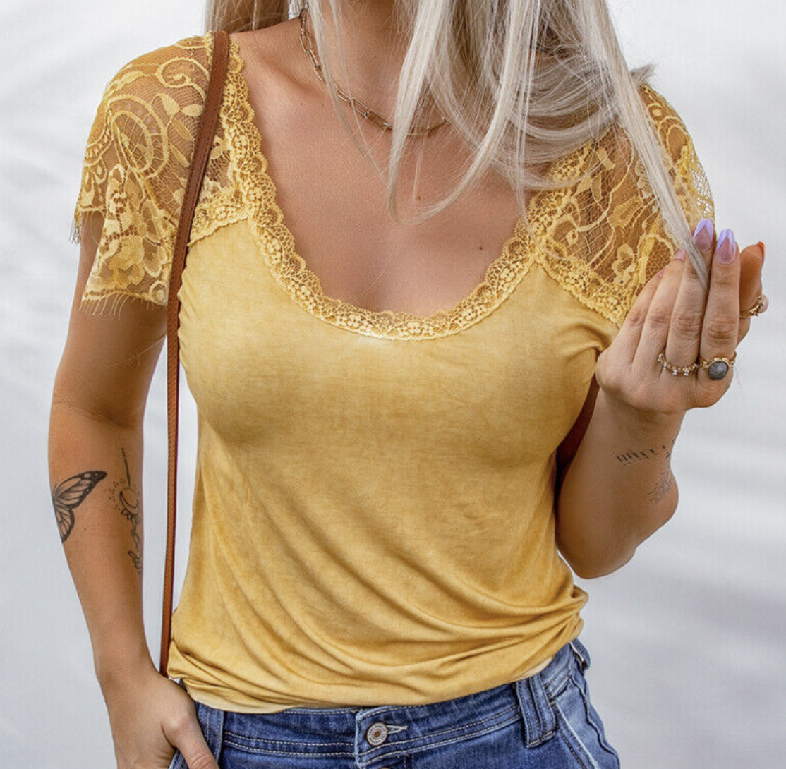 Women's Solid Color Scoop Neck Short-sleeve Lace Trim Top