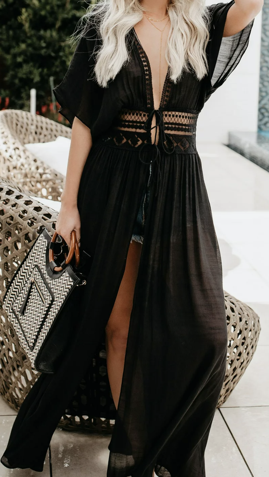 Women's Solid Color Embroidered Lace Maxi Beach Cover-Up Dress