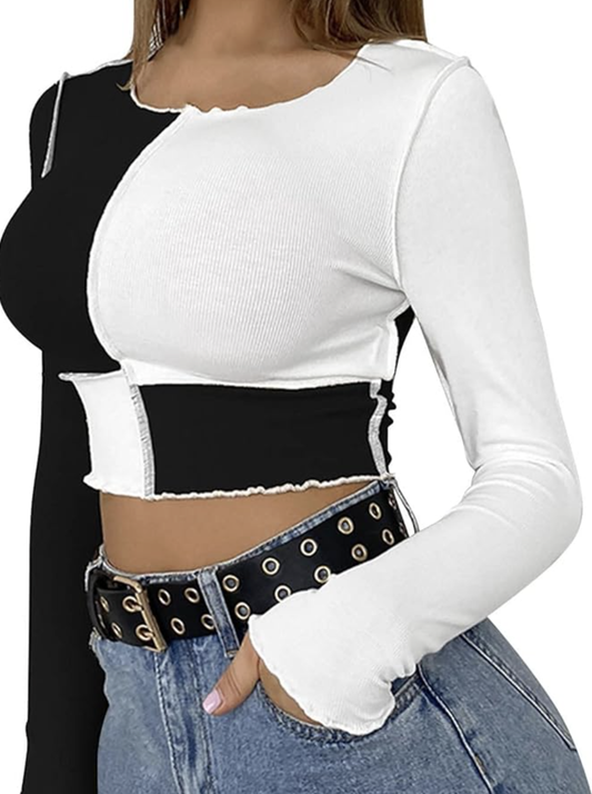 Short Stitched Casual Crew Neck Long Sleeve Top