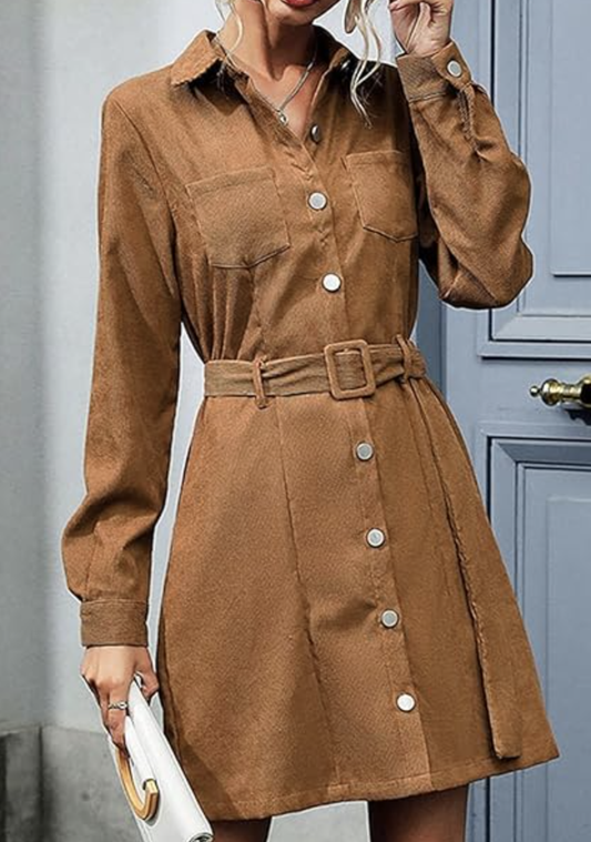 Shirt style lapel long sleeve corduroy dress