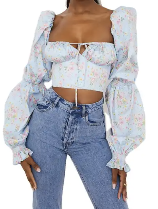 Women's Digital Printed Long Sleeve Autumn Top Fashion Lantern Sleeve T-Shirt