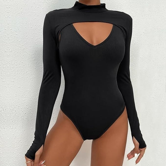 Sexy Fake Two-Piece Skinny Hollow Black Onesie