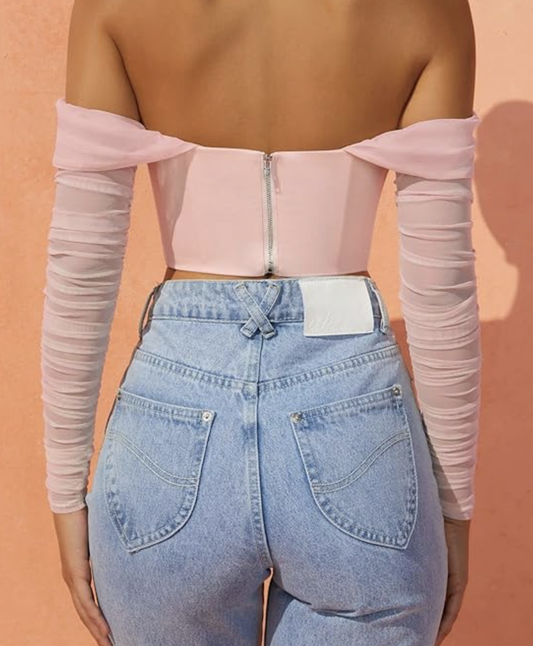 Women’s Solid Color Ruched Off The Shoulder Mesh Top