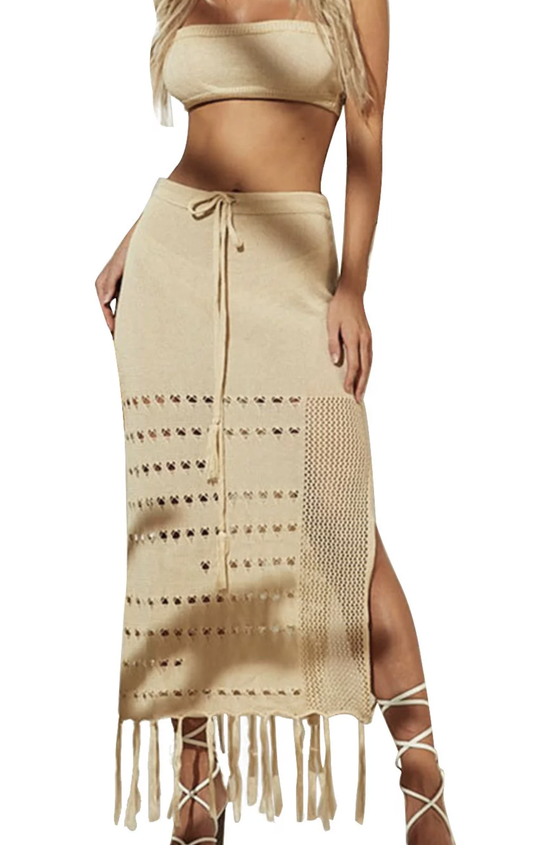 Women's bikini cover-up top wrap chest dress two-piece tie-up tassel beach sunscreen dress