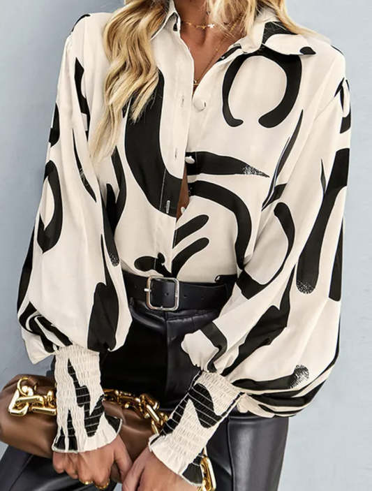 Women’s Loose Fit Button Up Floral Blouse With Folded Collar And Ruffle Scrunched Sleeves