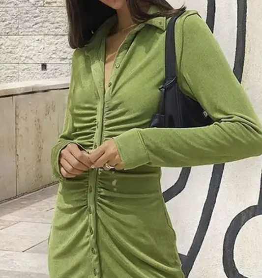 Women's Solid Color Button-front Ruched Shirtdress