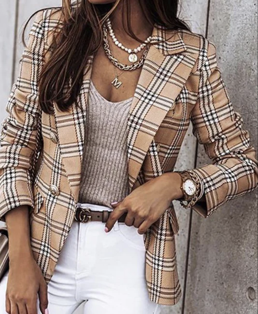 Women's Plaid Cotton And Linen Double Breasted Blazer