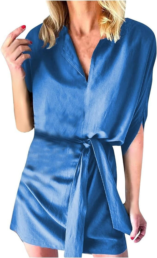 Women's Solid Color V-neck Short Sleeve Waist Tie Blouson Dress