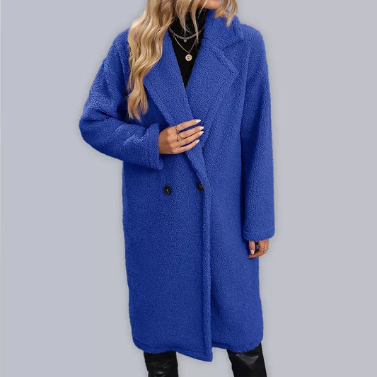 Women’s Solid Color Double-breasted Button Closure Teddy Bear Faux Fur Coat