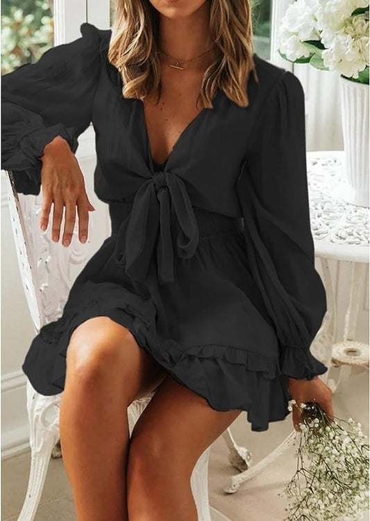 Women'S Deep V Knot Ruffle Short Dress