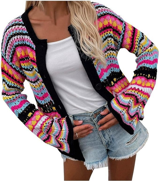 New Striped Loose Rainbow Knitted Cardigan