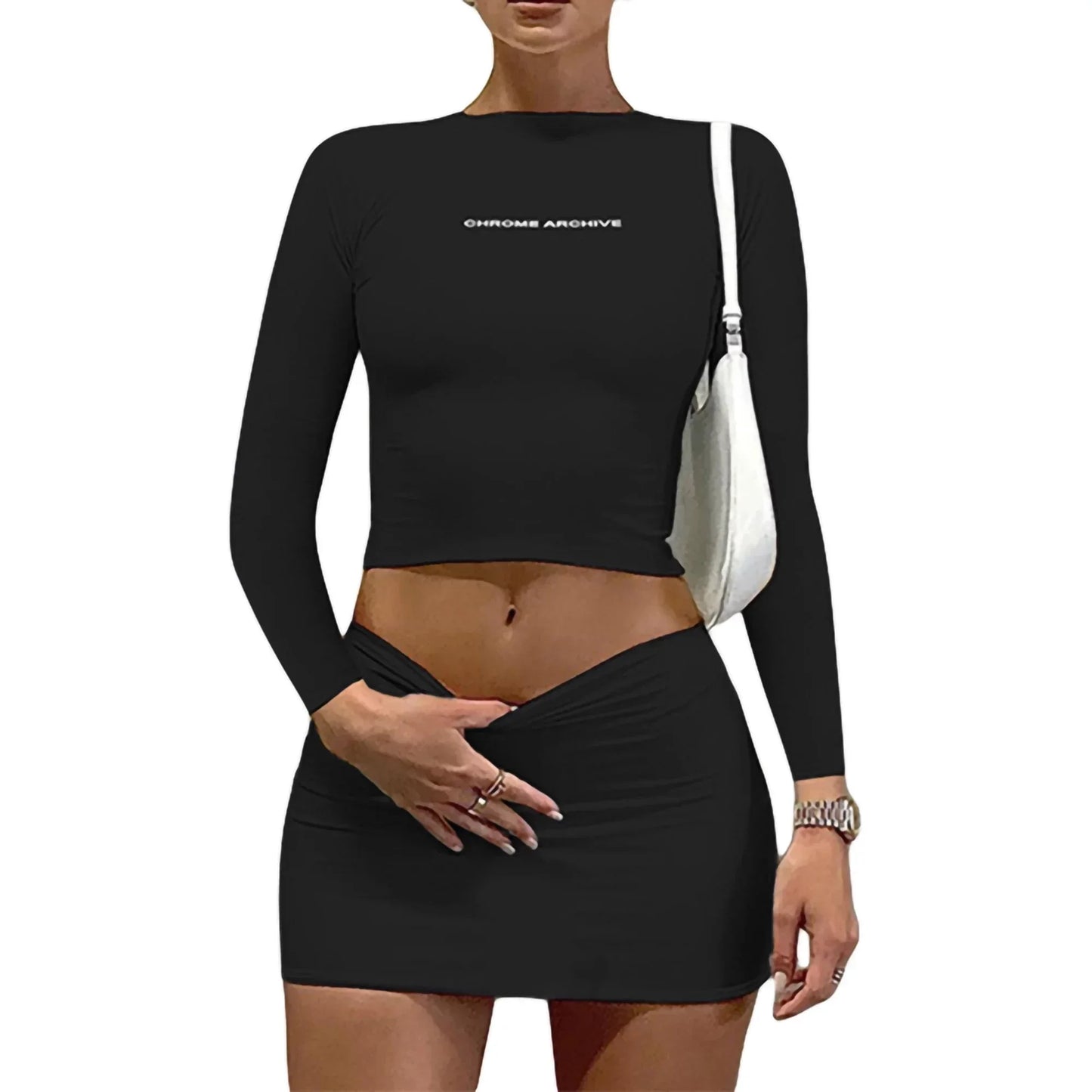 Women's Solid Color Crop Long Sleeve Top Matching Mini Skirt