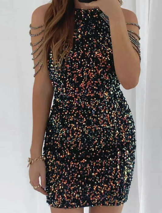 Women's Sequin Chain Beads Shoulder Straps Body-con Minidress