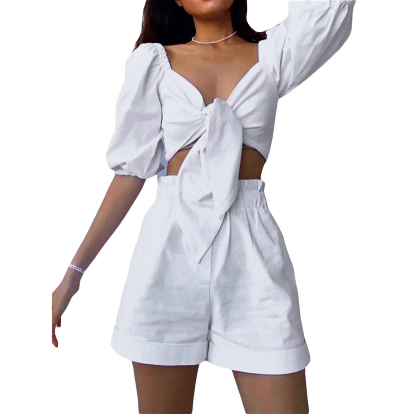 Women's Fashion Sexy Cotton Linen Cardigan Top Pocket Shorts Casual Suit