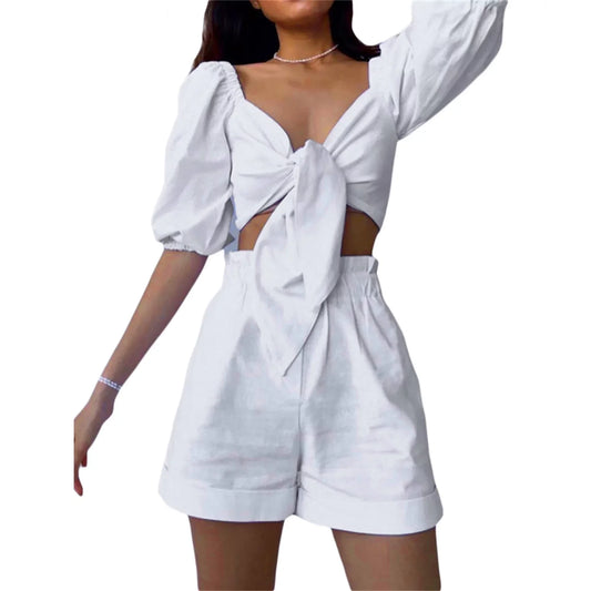 Women's Fashion Sexy Cotton Linen Cardigan Top Pocket Shorts Casual Suit